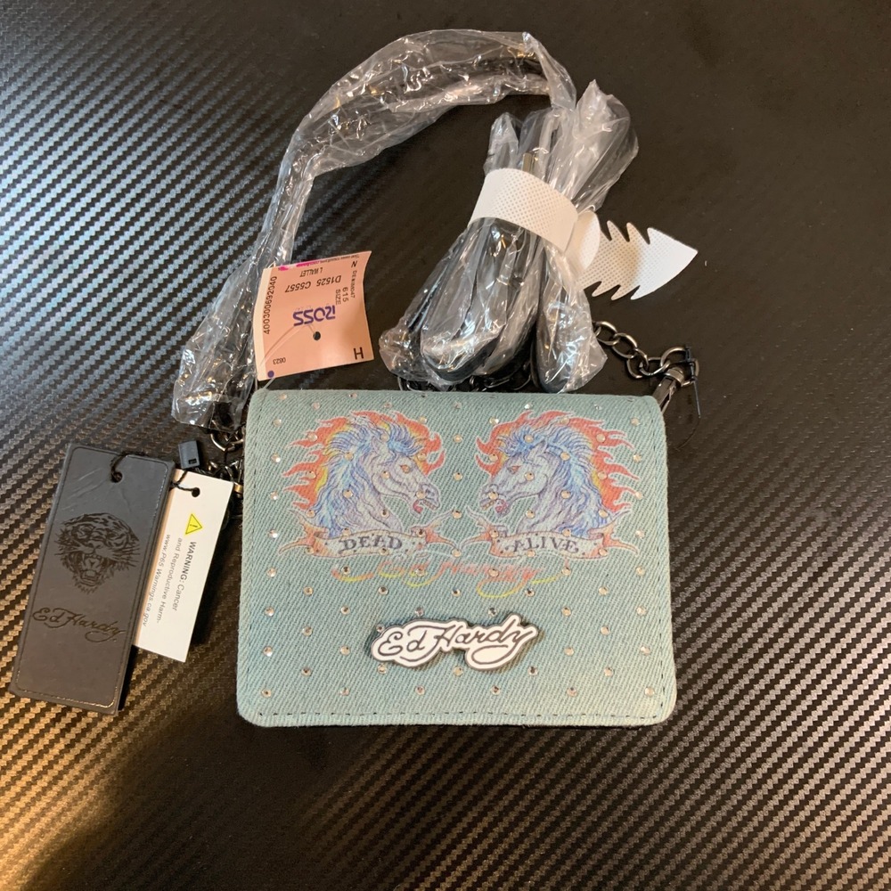 Ed Hardy Crossbody Wallet Women OS Blue NWT Denim Rhinestone Horse Graphic Y2K